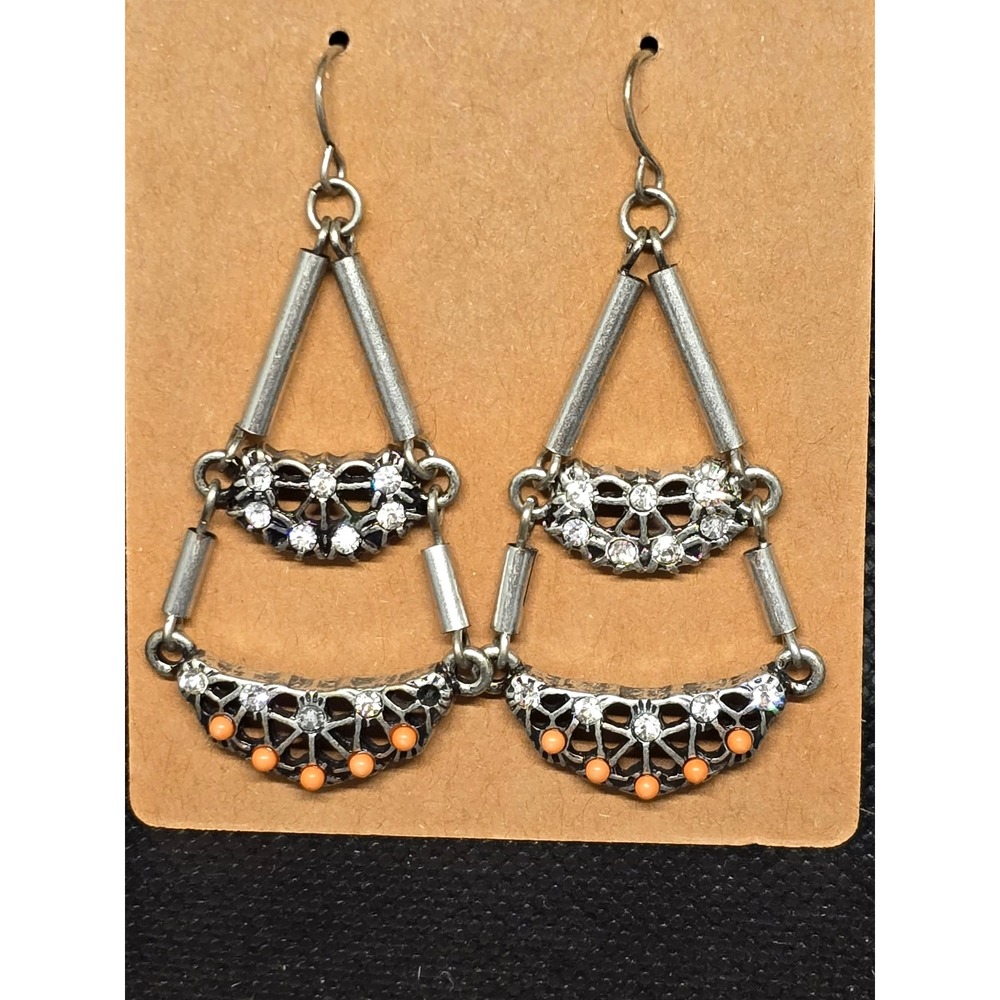 Vintage Silver Tone Chandelier Earrings Rhinestone‎ Orange Bead Boho Estate Drop